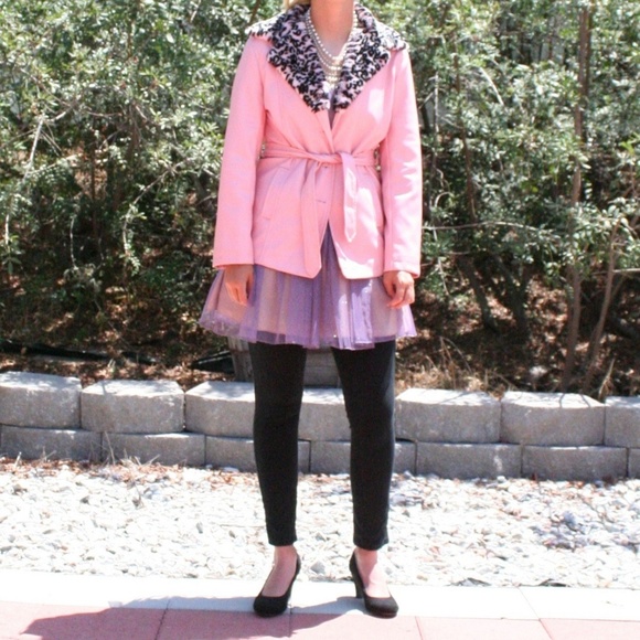 BB Dakota Pink Pleather Leopard-print-collar Coat - Picture 1 of 4